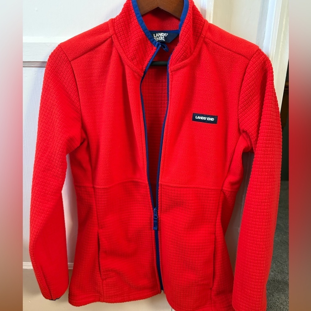 Lands’ End Women’s Fleece Jacket Small Orange & Blue Full-Zip Cozy Layer - Picture 3 of 10